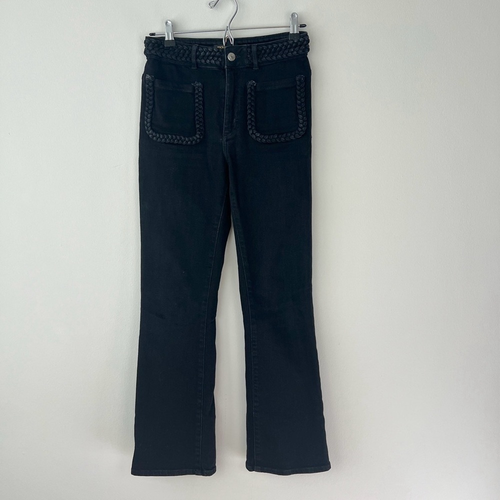 Maje Platane Braided Trim Flare Jeans Black - Picture 1 of 10